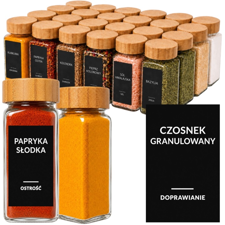 Skleněné sklenice na koření 24 x 120 ml se sítkem, 74 bambusových etiket