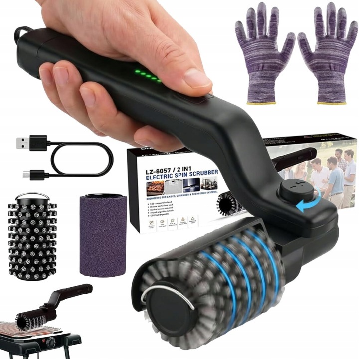 Elektrický kartáč 360° pro gril, nástroj na čištění grilu s houbičkou