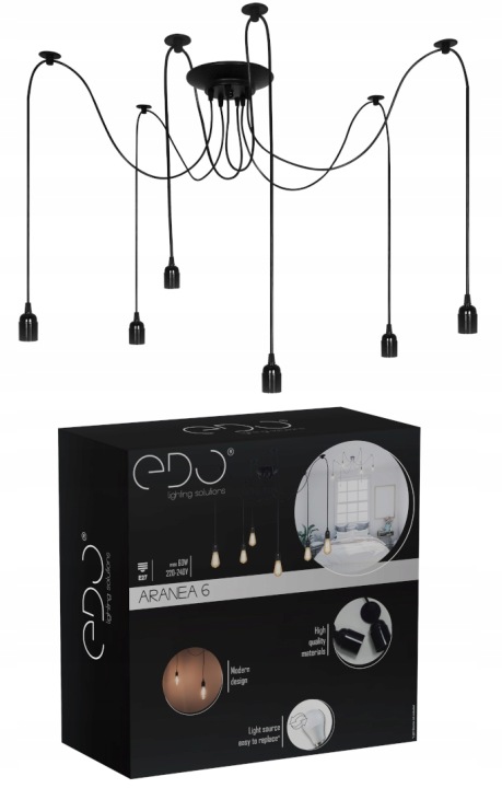 Edo Závěsné stropní svítidlo Aranea 6x E27 Pavouk Černá Lustr Loft