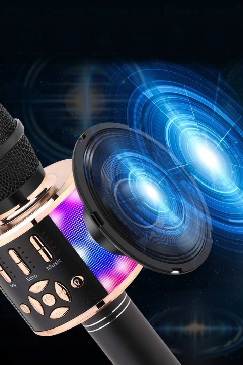 Мікрофон бездротовий караоке BLUETOOTH колонка LED 4 в 1 BONAOK чорні золотий — фото 4