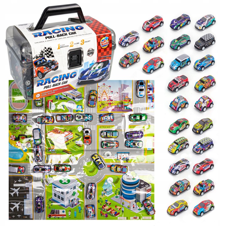LARGE SET OF RACING CARS RESORAKI METAL CARS + CHEST MAP