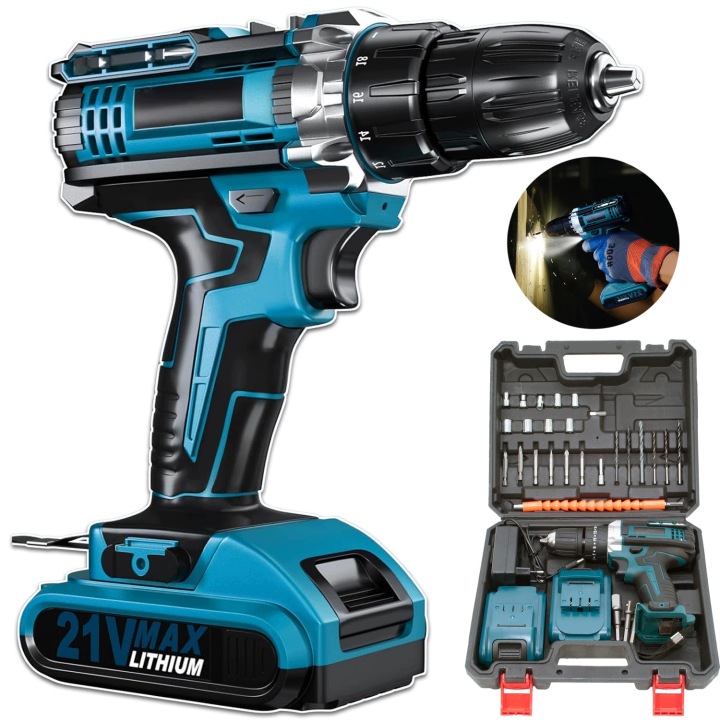 Příklepová Vrtačka 21V s funkcí úderu a ergonomickou gumovou rukojetí