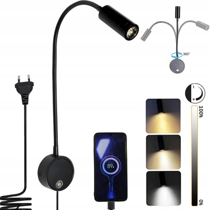Led Nástěnné Svítidlo Lampička Na Čtení Vnitřní Svítidlo 3W+USB