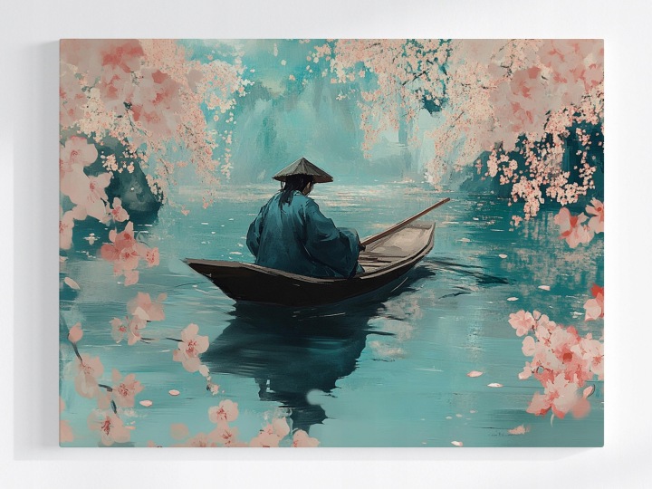 Plakát Asie Japonsko Višeň Květiny Loď Voda Odraz 100x75