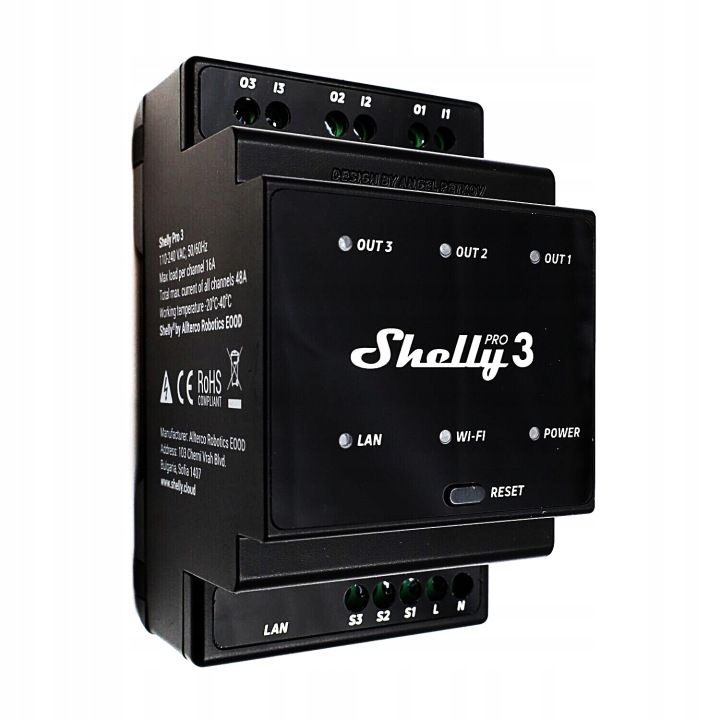 Shelly 3-kanálový relé zařízení 110-240V na Din lištu Shelly Pro 3
