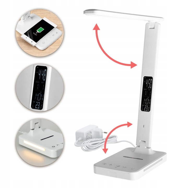Led stolní lampa 7W Bílá Displej Indukční nabíječka Q1 Alarm Usb