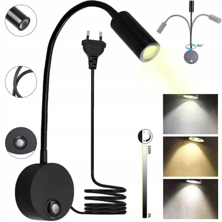 Nastavitelná Nástěnná Lampa Noční Lampa Flexibilní Rameno Černá Nad Postel Pro Čtení