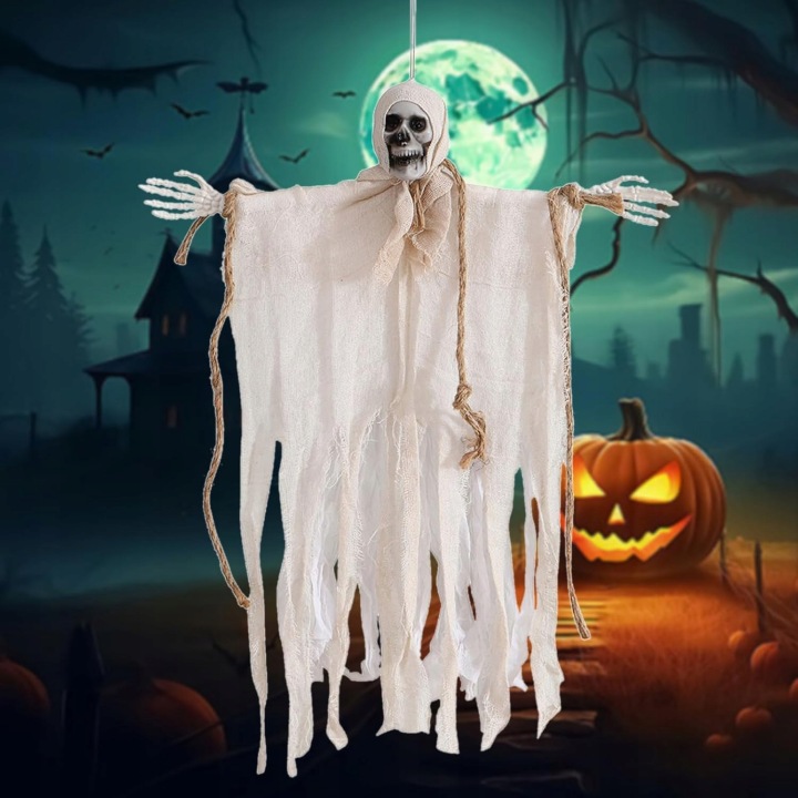 Duchové na Halloween, strašidelné halloweenské dekorace, kostra, dekorace