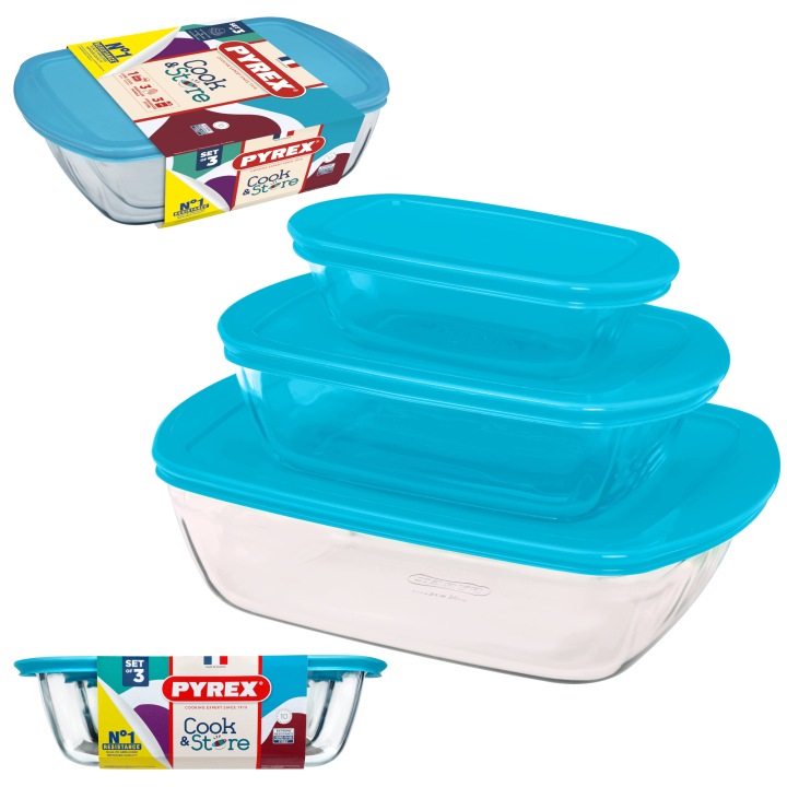 Sada 3x Žáruvzdorná nádoba Cook&Store Pyrex 0,4+ 1,2+ 2,5 L modrá