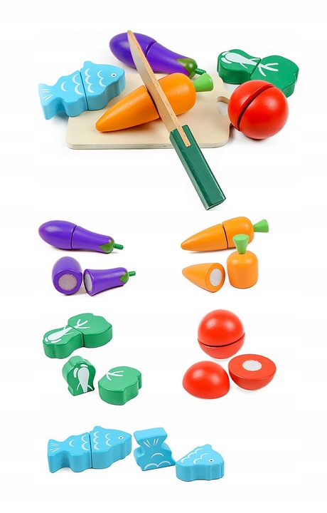 WOODEN BLOCKS VELCRO FRUIT VEGETABLES FOR CUTTING LARGE SET MONTESSORI Main color multicolor