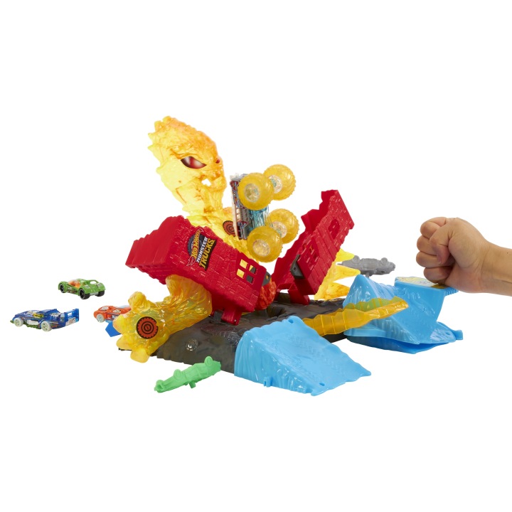 Трек автомобільний HOT WHEELS MONSTER TRUCKS арена SMASHERS вежею вогню 3 авто — фото 5