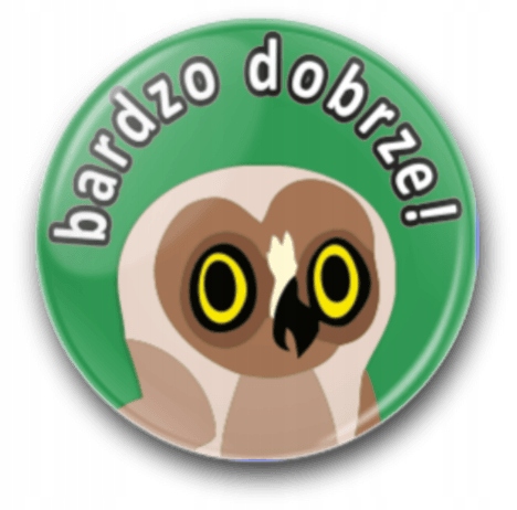 Badge motywacyjny sowa - 58 mm - „bardzo dobrze!”