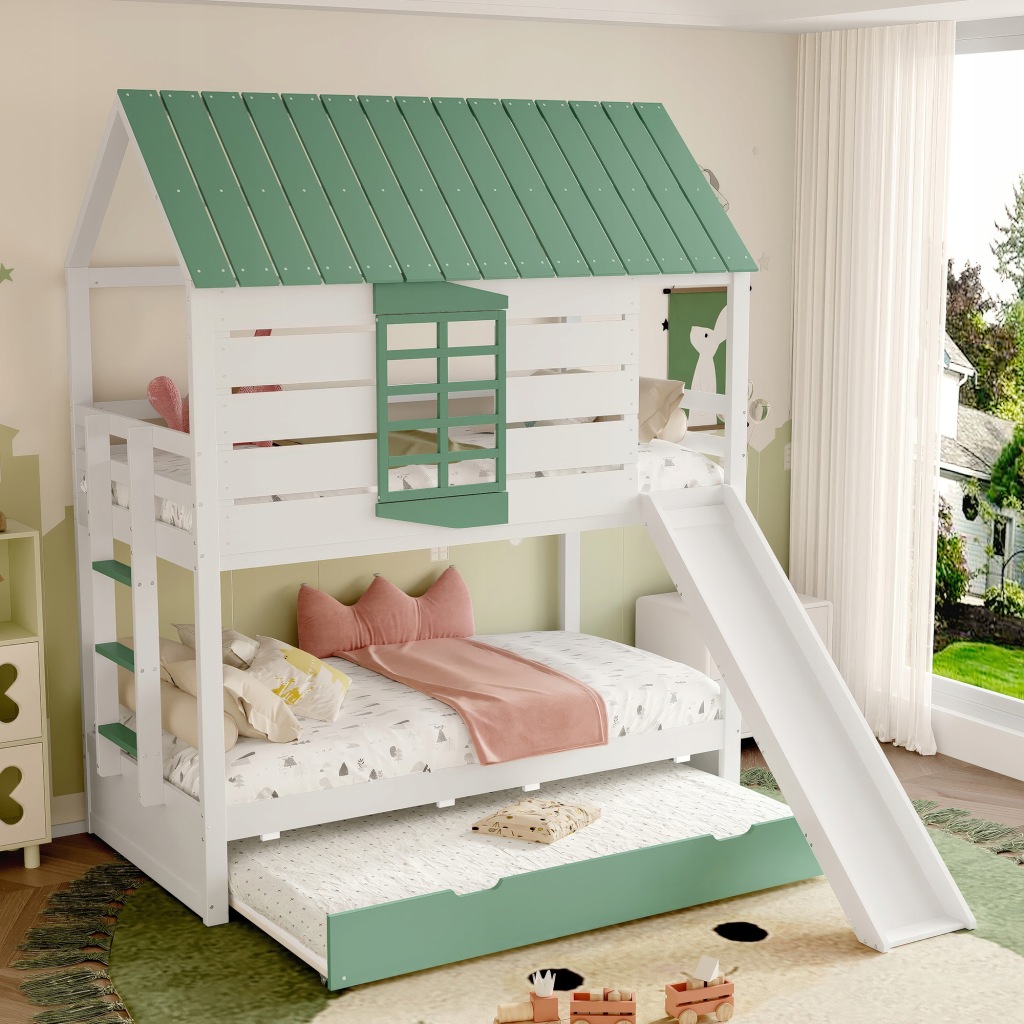 Łóżko domek 90x200 ze zjeżdżalnią i wysuwanym łóżkiem, biało-zielone