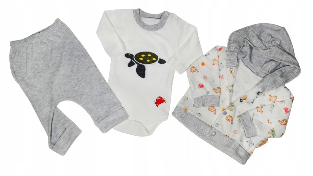 Komplet niemowlęcy żółwik body + kaftanik + spodnie, r.68