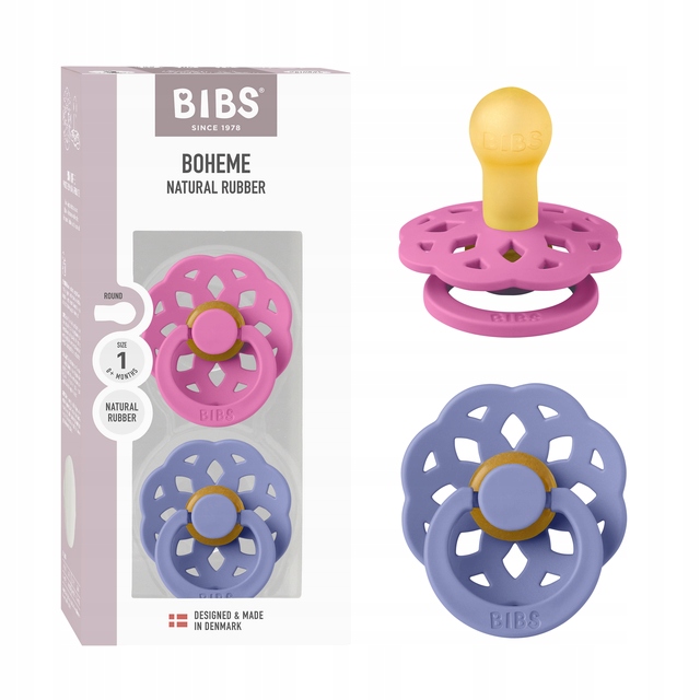 BIBS Pacifier Boheme 2 PACK Latex Size1 Bubblegum/Peri