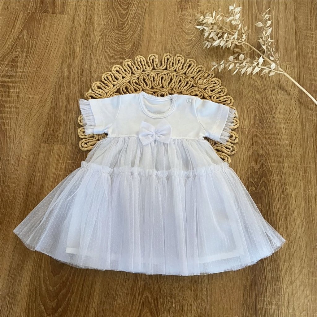 Sukienkobody 62 białe tiul krótki rękaw chrzest elegancka BODY SUKIENKA