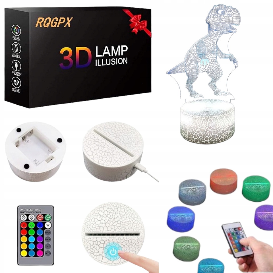 Lampka 3D nocna LED USB dinozaur 16 KOLORÓW + pilot PREZENT