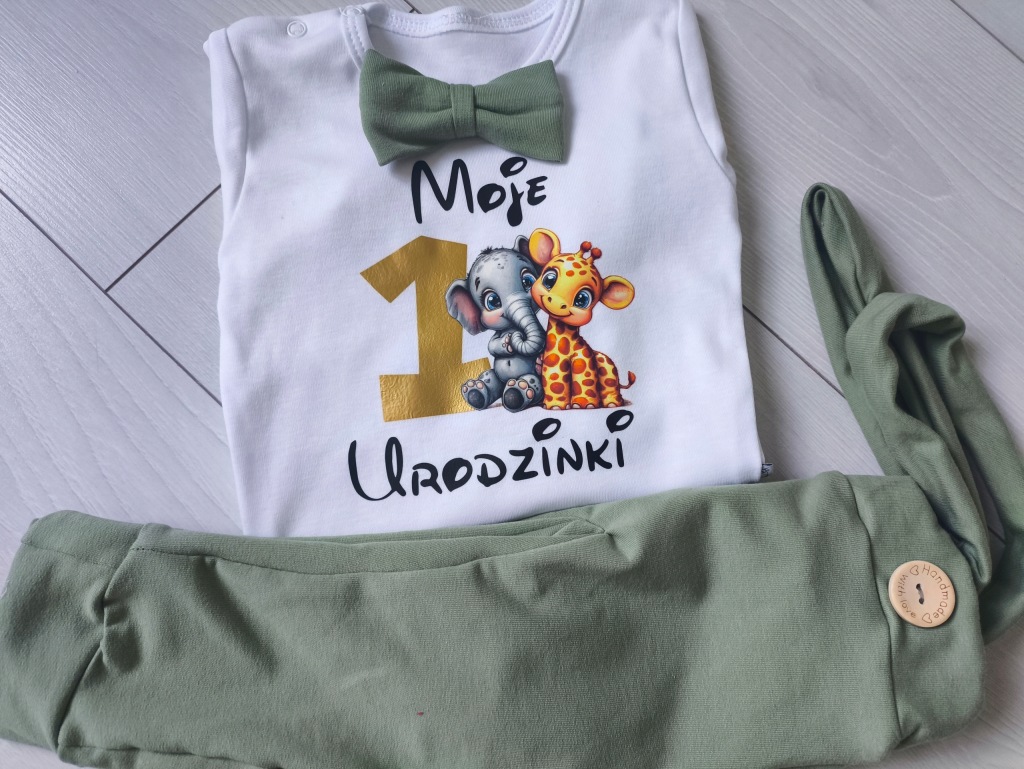 Komplet na roczek chłopca pistacjowy safari moje 1 urodzinki