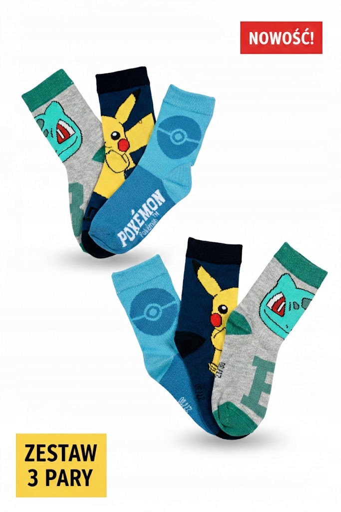 Skarpetki dziecięce Pokémon trójpak 3 pary Pikachu Bulbasaur Pokéball 23/26