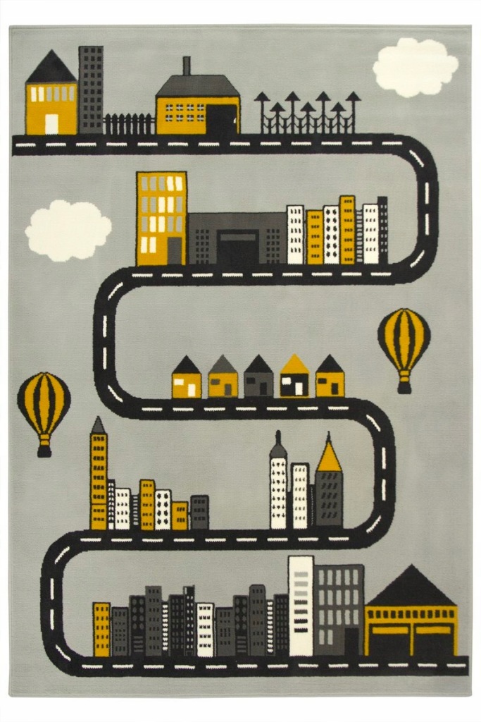 DYWAN SZARY DO POKOJU DZIECKA ULICE DROGA DOMKI BALONY LUNA KIDS 100x150 cm