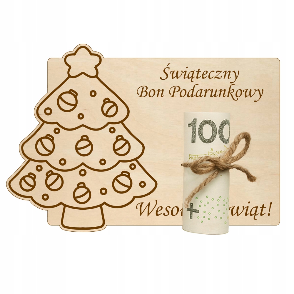 BON PODARUNKOWY NA ŚWIĘTA CHOINKA DREWNIANY BOŻE NARODZENIE PREZENT