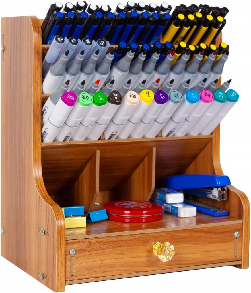 Wielofunkcyjny Drewniany Organizer na Biurko z Szufladą 20x15x25 cm