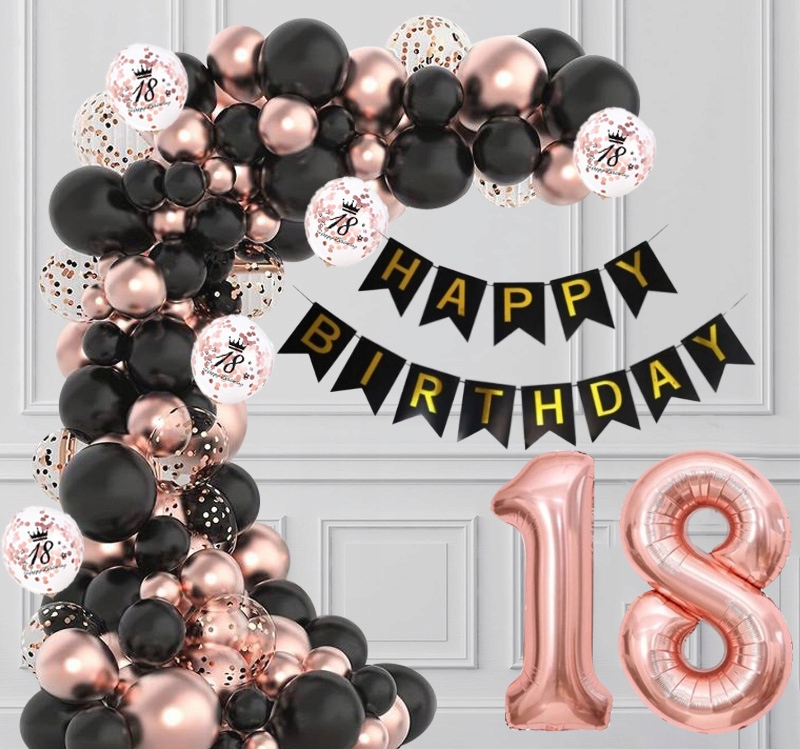 GIRLANDA BALONOWA BALONY ZESTAW DEKORACJI NA 18 URODZINY CZARNY ROSE GOLD