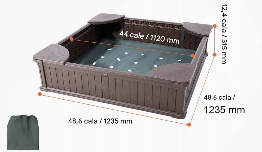 Piaskownica kwadratowa 124x124 cm z pokrywą HDPE 4 siedziska drenaż ogród