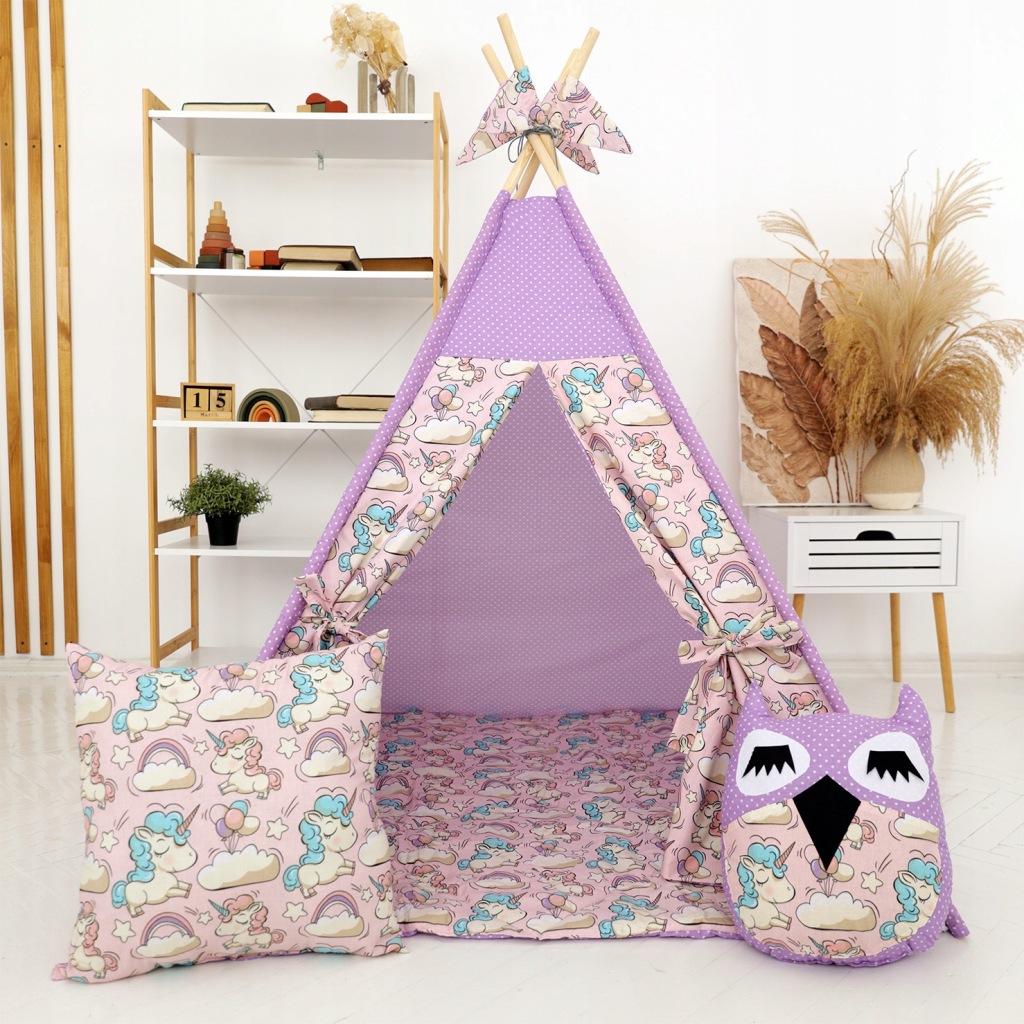 TIPI namiot z okienkiem – wigwam z jednorożcami + mata + poduszki - MINI