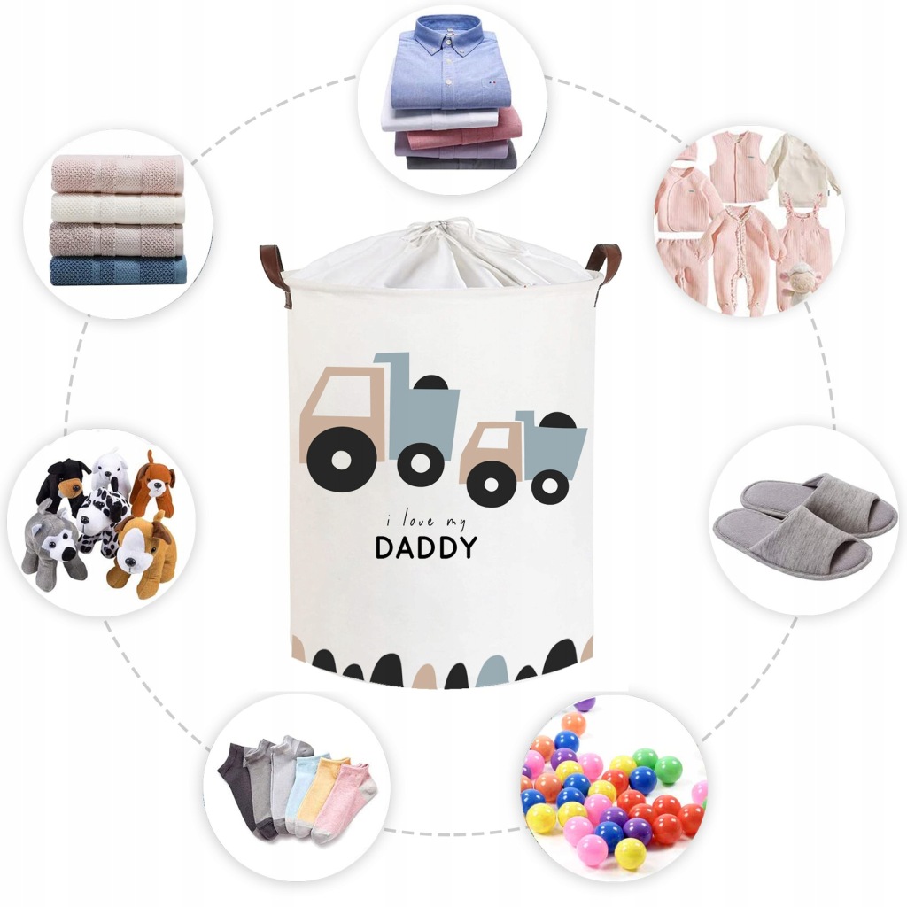 Kosz na zabawki, zamykany, bawełna, Trucks Love Daddy - biały, 43 L