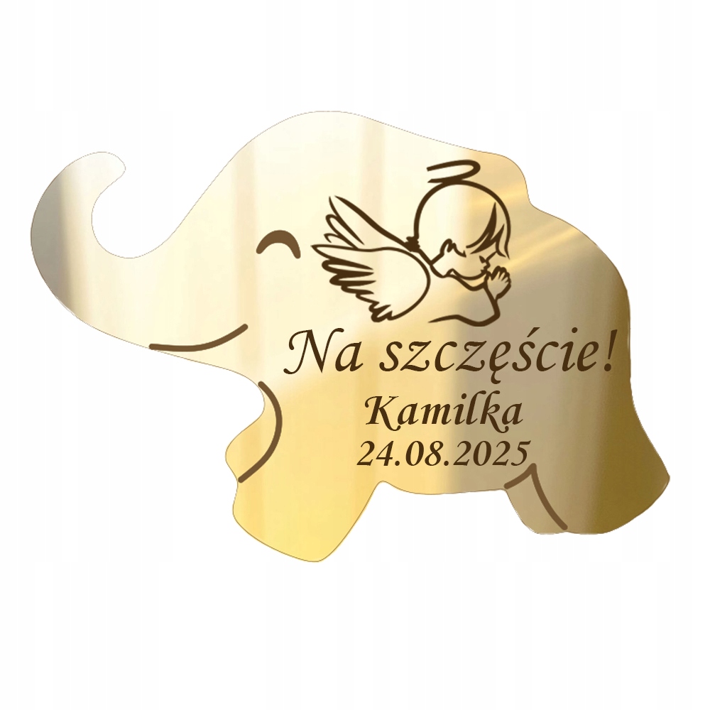Podziękowanie dla Gości na CHRZEST Słonik Złoty Magnes z Grawerem Lustro