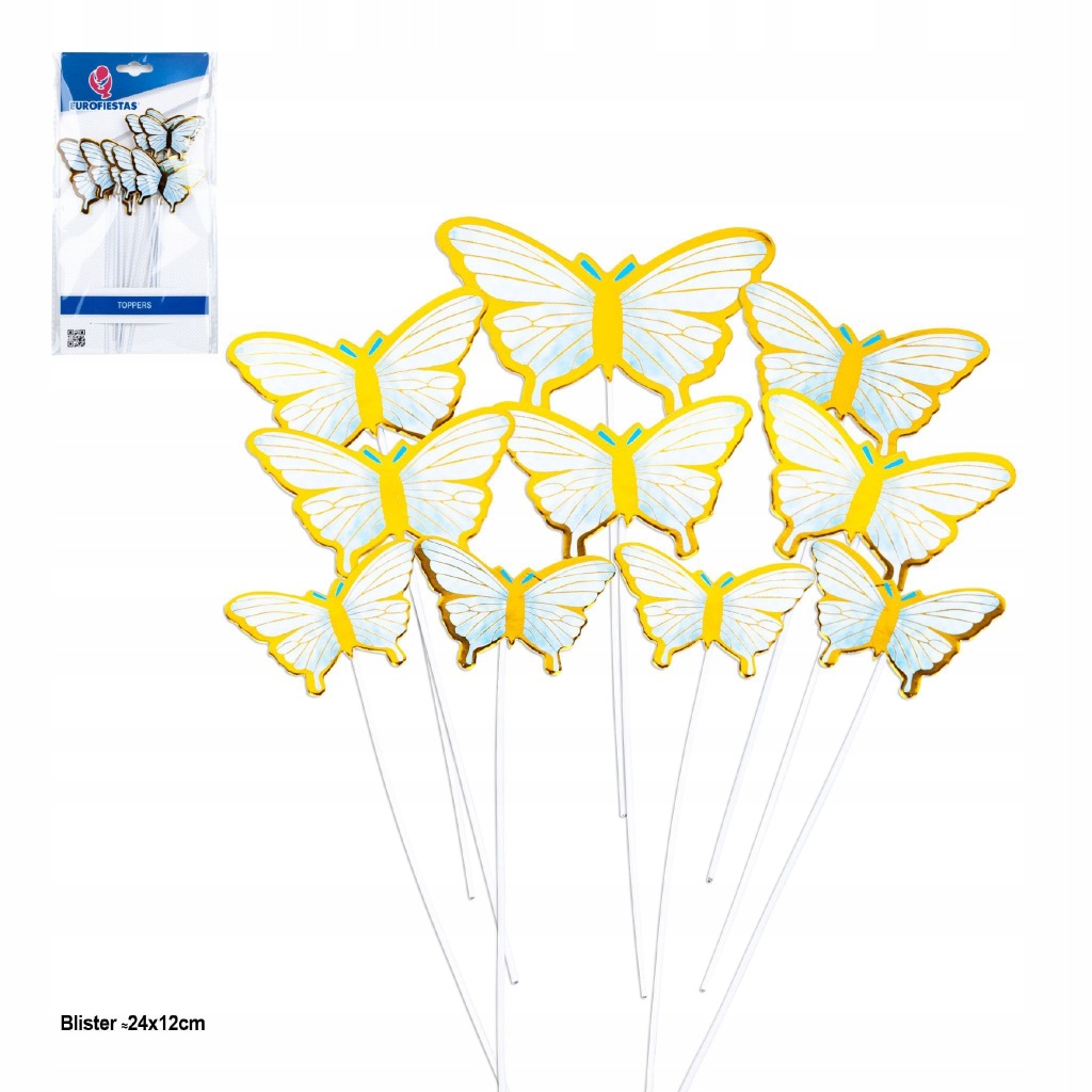 Topper motyle 18 cm niebieskie z obr. metal.