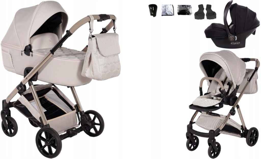 JUNAMA ELLEGANTE WÓZEK DZIECIĘCY 3W1 Z FOTELIK COSMO I ADAPTERY - 02 BEIGE