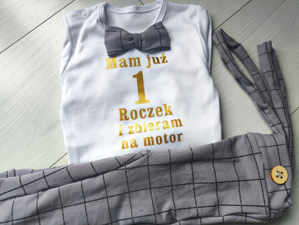 Komplet na Pierwsze Urodziny szara krata Mam Już roczek i zbieram na motor