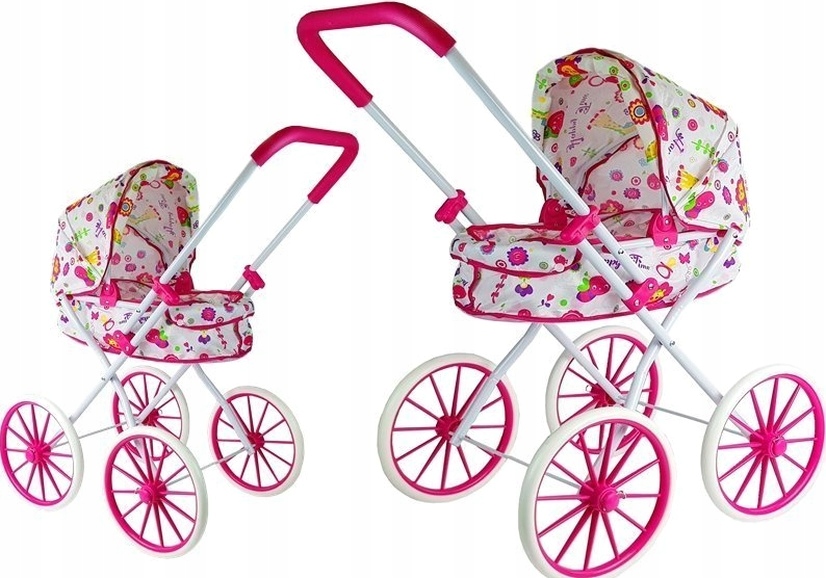 Wózek dla Lalek Głęboki Retro w Kwiatki + Duże Koła 75 cm