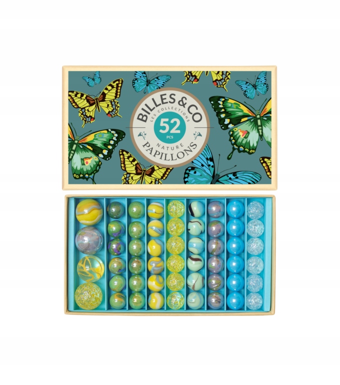 Billes & Co: Szklane kulki NIEBIESKIE MOTYLE / 52 el. BOX-08