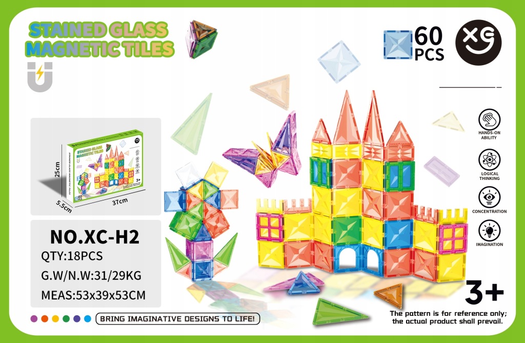 60PCS KLOCKI MAGNETYCZNE STAINED GLASS EDUKACYJNE 3+ ZAMEK X