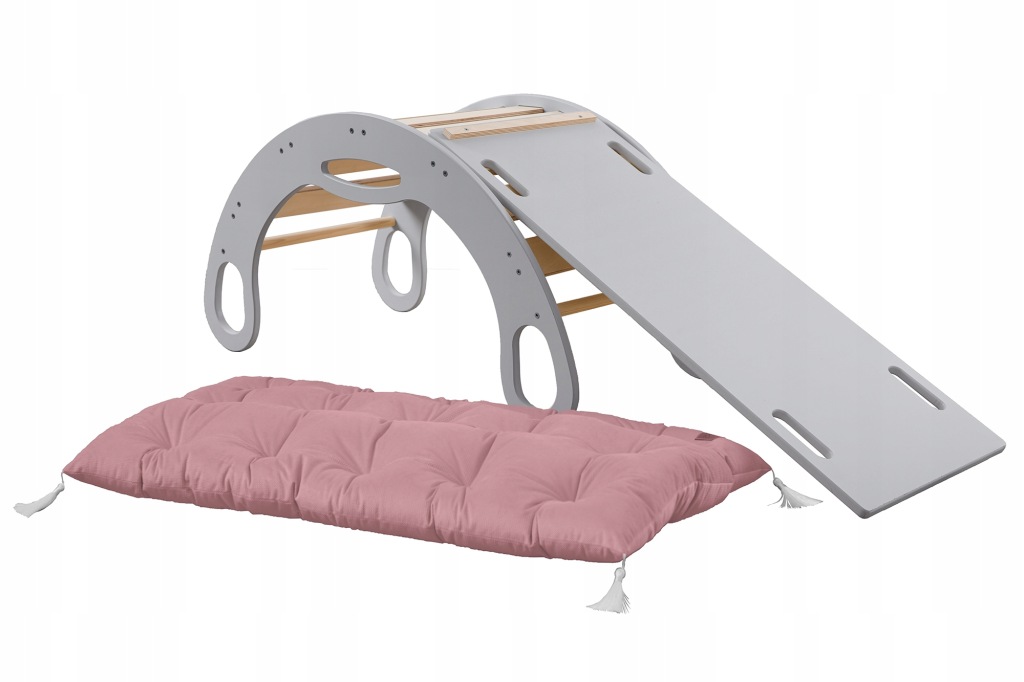 Bujak Montessori MDF szary + zjeżdżalnia / ślizg + materac pudrowy KIDS