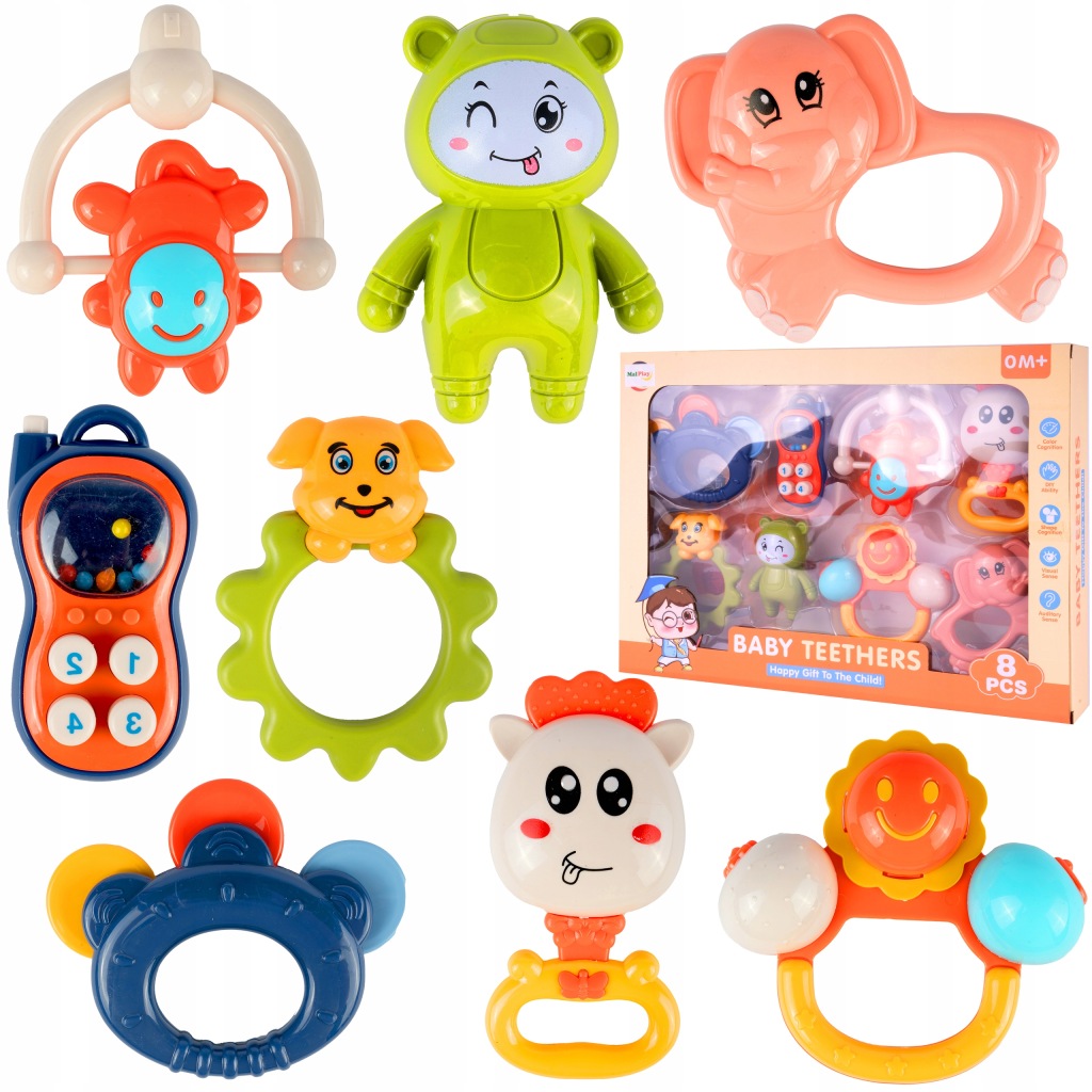 ZESTAW GRZECHOTEK SENSORYCZNE GRYZAKI 8 SZT GRZECHOTKI ZWIERZĄTKA