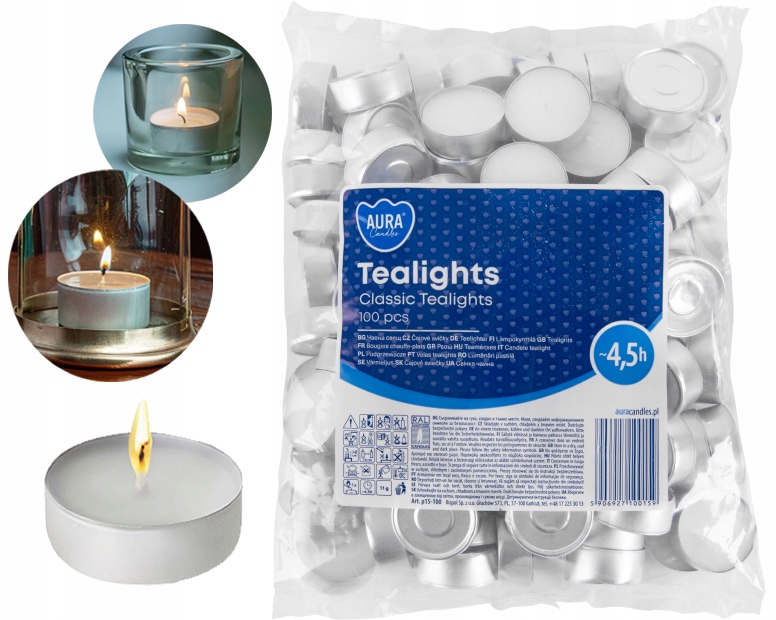 100 SZTUK PODGRZEWACZY ŚWIECZKI AURA WKŁADY BISPOL TEALIGHTS CLASSIC 4,5h
