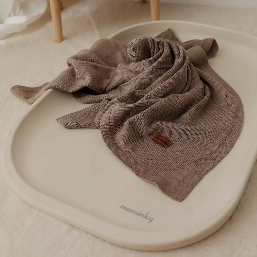 Kocyk Z WEŁNY MERINO Dla Dzieci + IMIĘ 75x100 Oddychający Dziany Czekolada