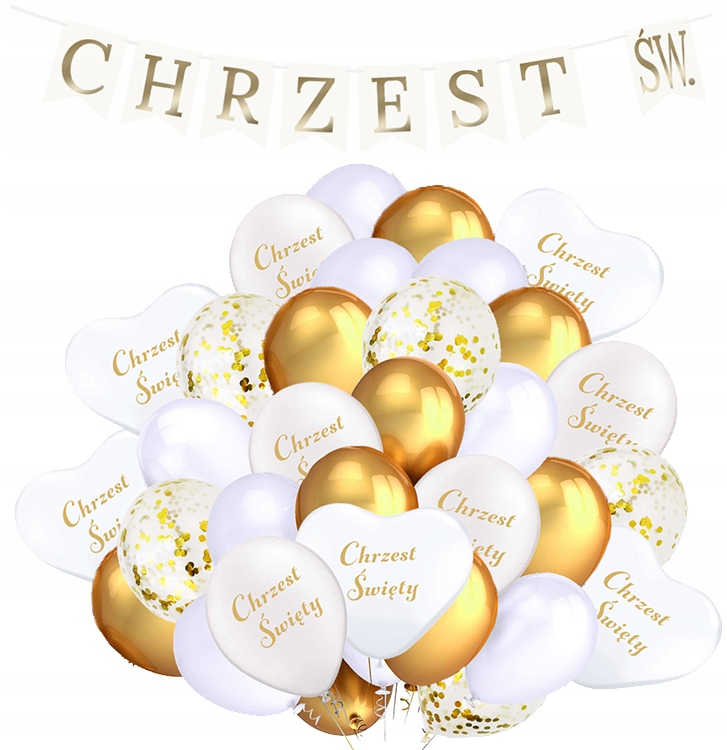 Zestaw CHRZEST Święty Chrzciny BALONY Białe Złote Konfetti Baner