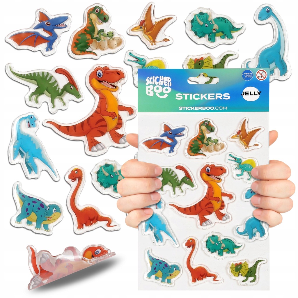 ZESTAW żelowych naklejek DINOZAURY naklejki 3D dla dzieci Dino, 12 NAKLEJEK
