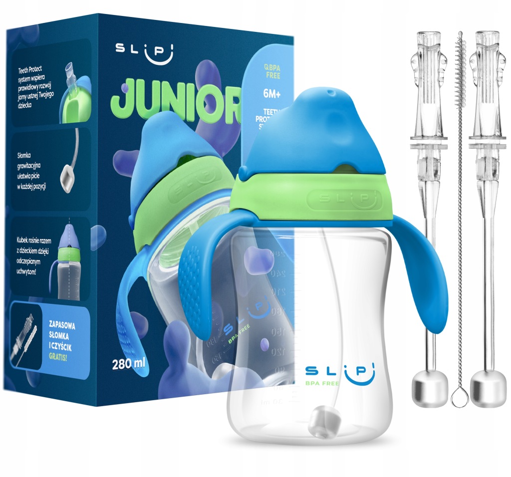 SLIPI Junior | bidon 280 ml na wodę ze słomką obciążoną dla dzieci 6M+