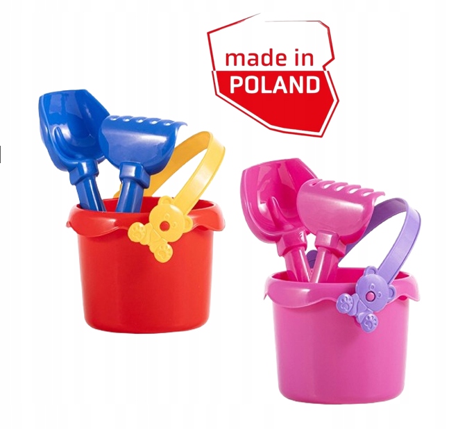 Podstawowy zestaw do do piasku Miś 3 elementy wiaderko łopatka grabki Hemar