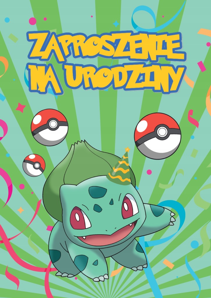 ZAPROSZENIA NA URODZINY DLA DZIECI ZIELONE BULBASAUR JAKOŚĆ + KOPERTA 8 SZT