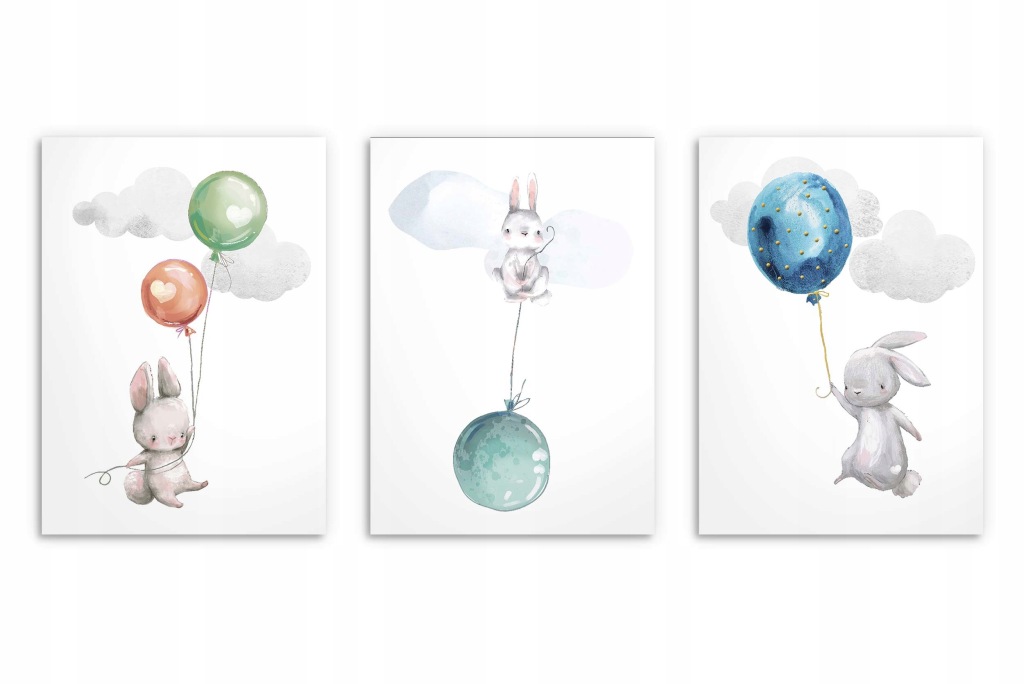 Plakaty dziecięce Królik i kolorowe balony Obrazy do pokoju dziecka 30x40