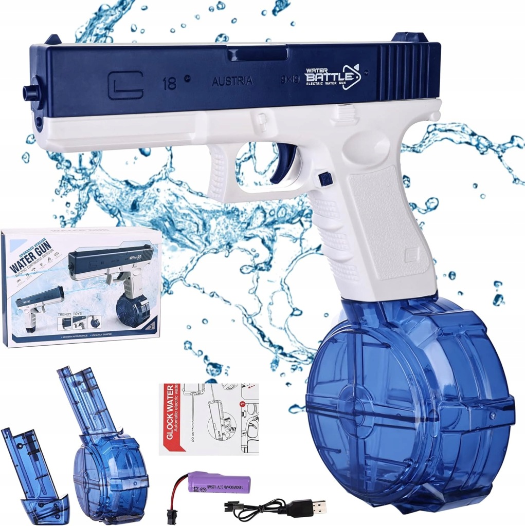 ELEKTRYCZNY AUTOMATYCZNY PISTOLET NA WODĘ DWA MAGAZYNKI GLOCK NIEBIESKI
