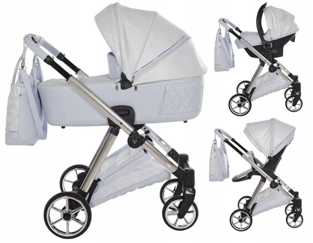 Wózek 3w1 Junama Ellegante Lame 03 Light Blue zestaw premium dla dziecka