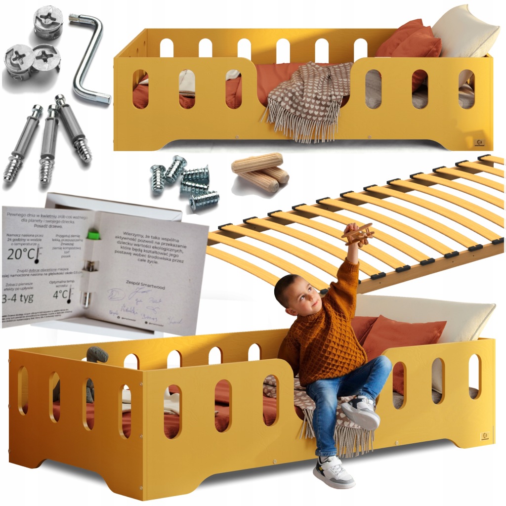Łóżko Smartwood Drewniane dla dziecka ze stelażem Tila 2 100 x 180 cm żółty